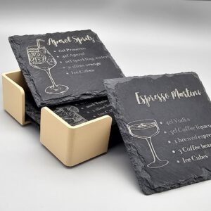Schiefer Untersetzer Cocktail Rezepte &ndash; 4er Set mit Halter &ndash; 10x10 cm &ndash; Aperol Spritz Gin Tonic &ndash; Geschenk Hausbar Zubeh&ouml;r Laser Gravur